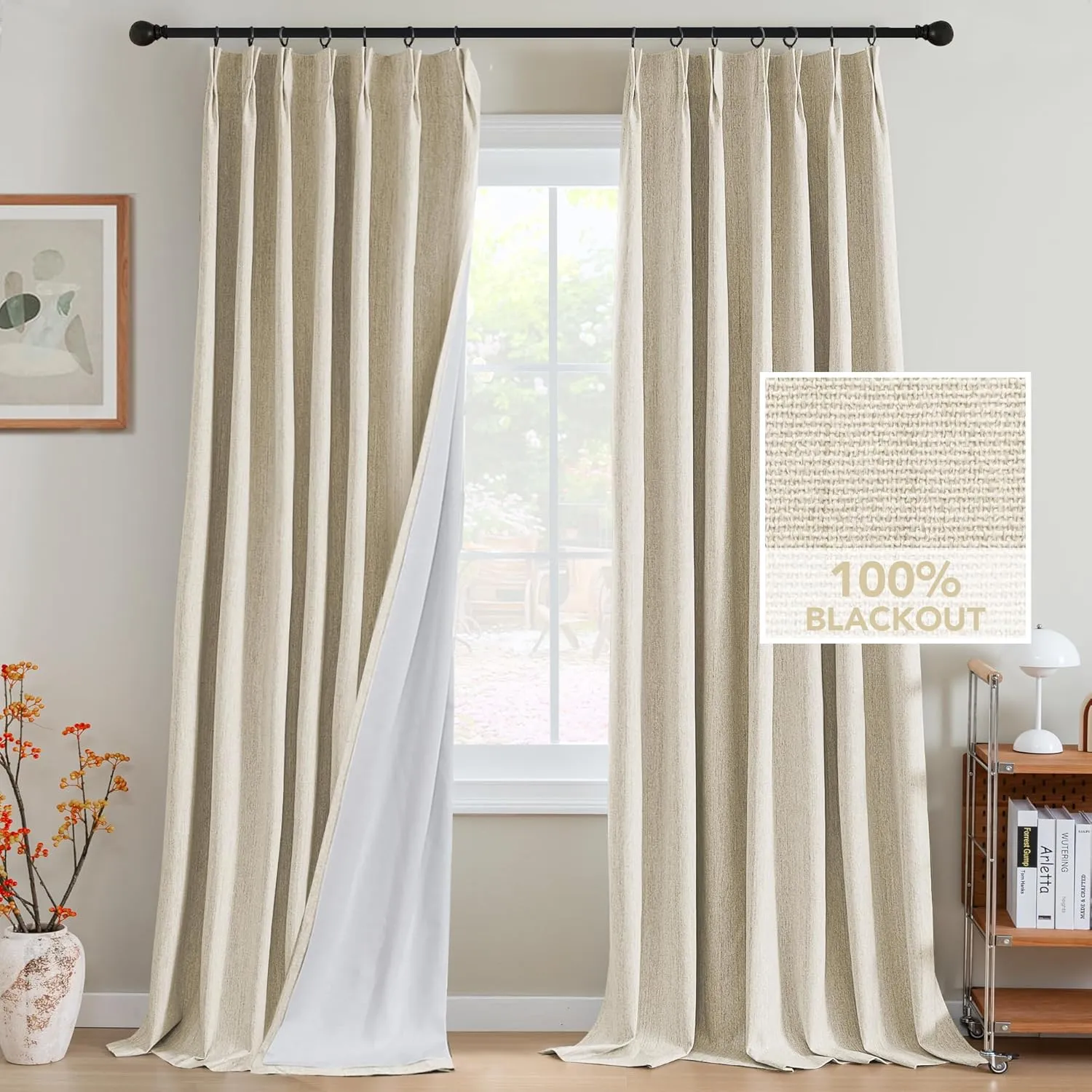 H.VERSAILTEX Pinch Pleated Full Blackout Curtains Linen Blended Chenille Blackout Curtains 84 inch 2 Panels Bedroom Thermal Insulated Farmhouse Neutral Track Drapes with Hooks, Heather Bleached Sand