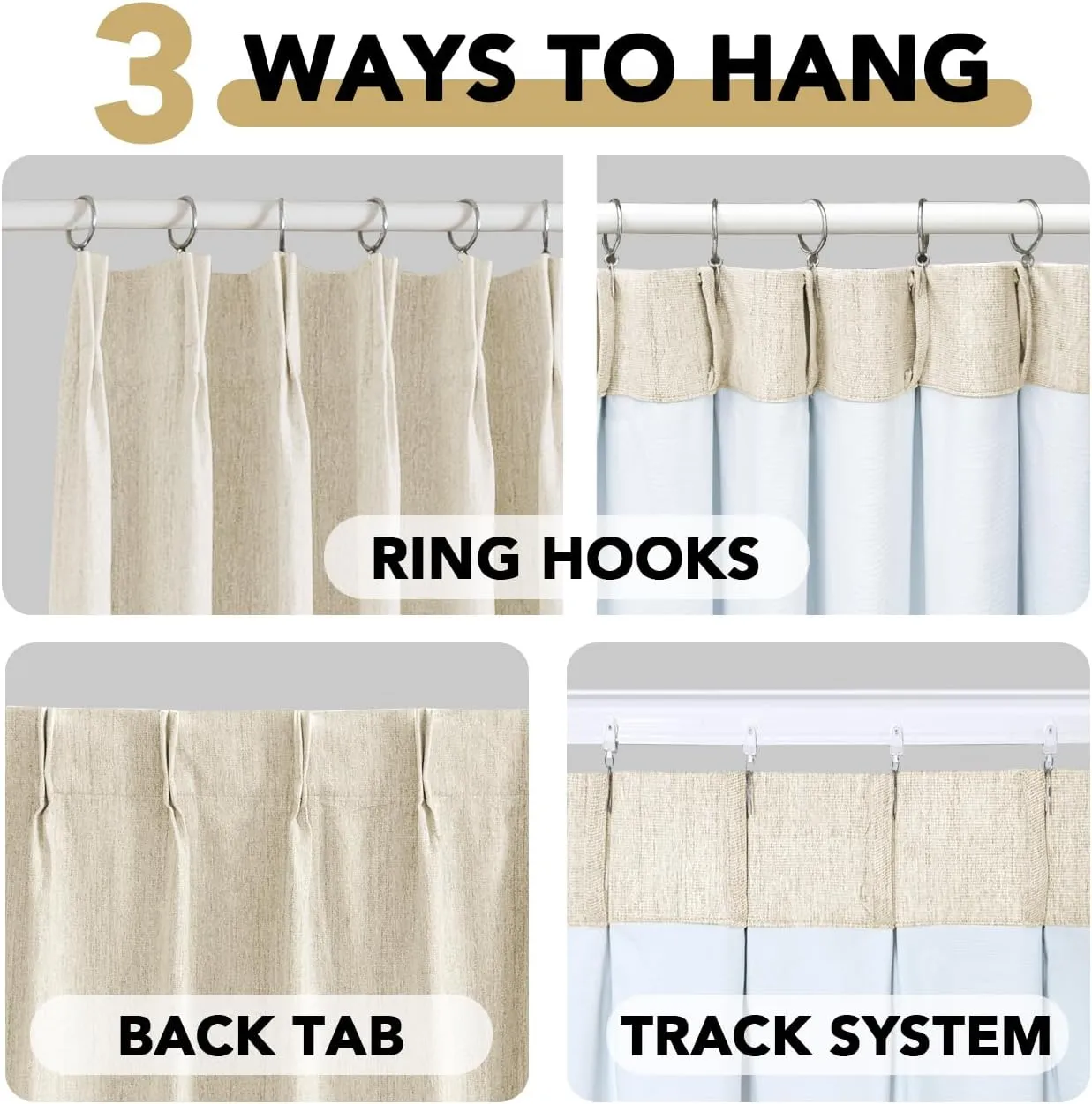 H.VERSAILTEX Pinch Pleated Full Blackout Curtains Linen Blended Chenille Blackout Curtains 84 inch 2 Panels Bedroom Thermal Insulated Farmhouse Neutral Track Drapes with Hooks, Heather Bleached Sand