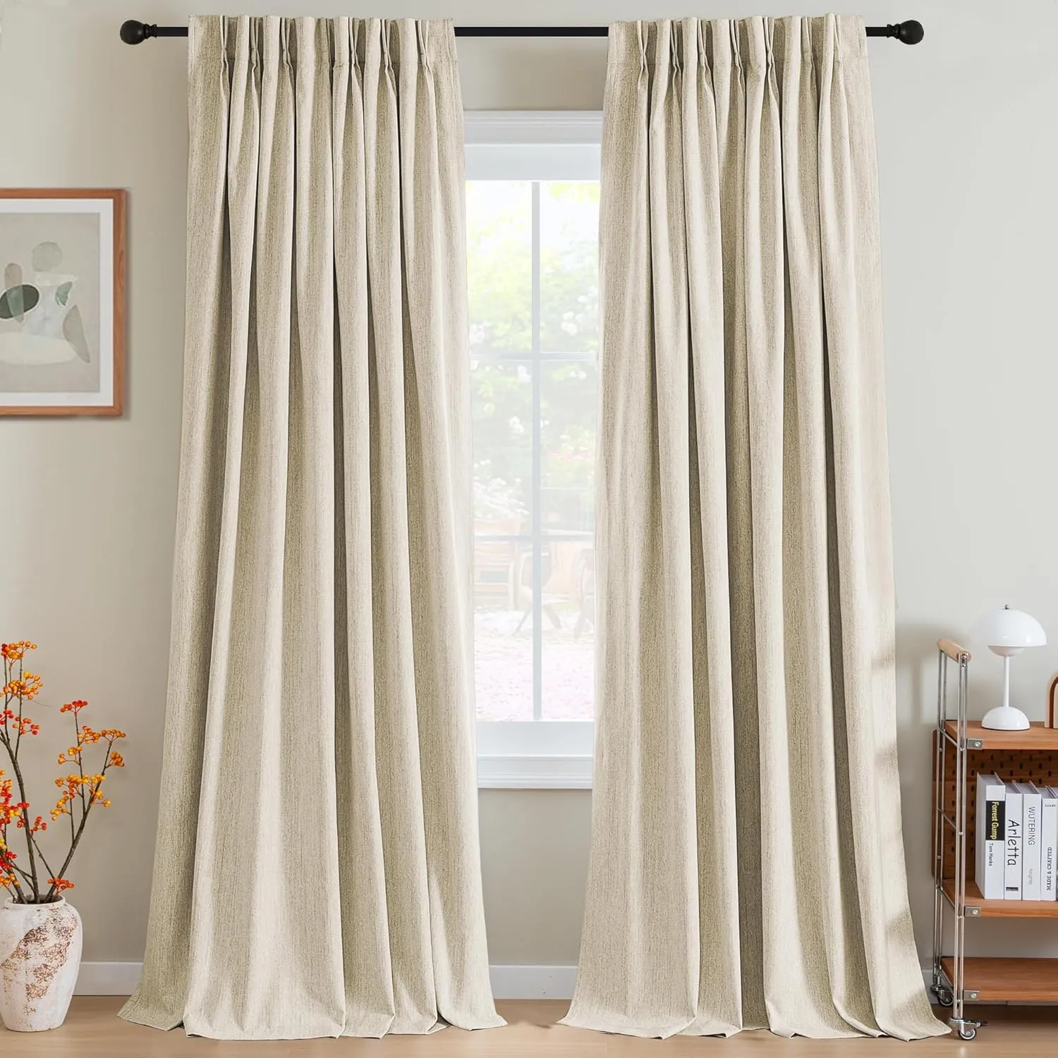 H.VERSAILTEX Pinch Pleated Full Blackout Curtains Linen Blended Chenille Blackout Curtains 84 inch 2 Panels Bedroom Thermal Insulated Farmhouse Neutral Track Drapes with Hooks, Heather Bleached Sand