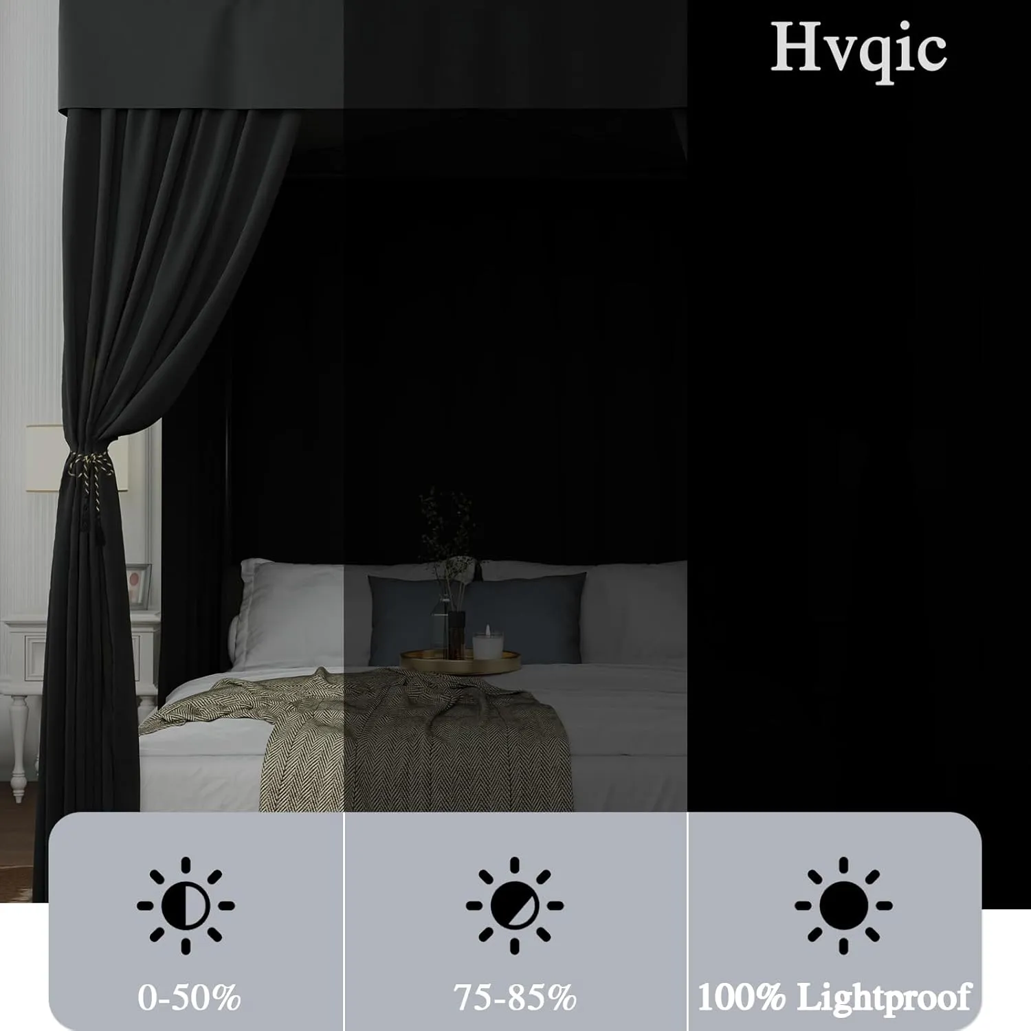 Hvqic Black Canopy Bed Drapes - 4 Corner Post Canopy Queen Bedroom Decoration (Queen, Black)