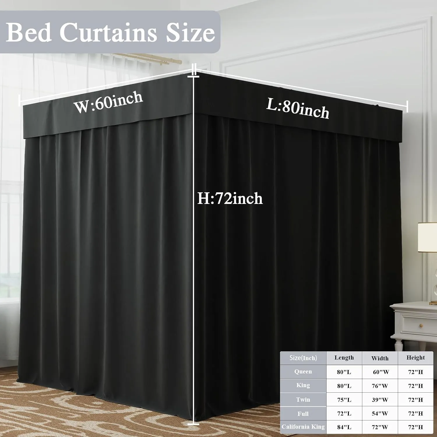 Hvqic Black Canopy Bed Drapes - 4 Corner Post Canopy Queen Bedroom Decoration (Queen, Black)