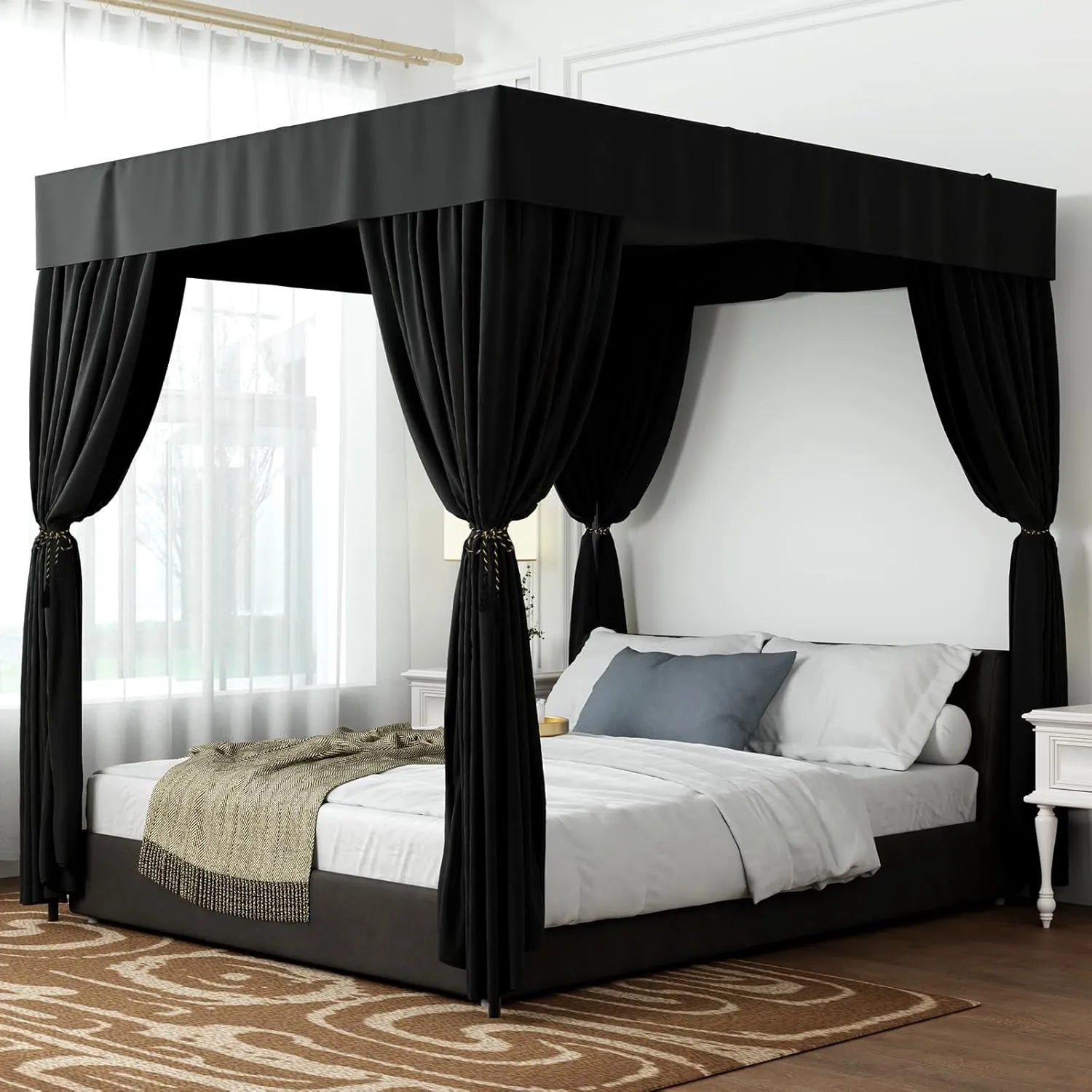 Hvqic Black Canopy Bed Drapes - 4 Corner Post Canopy Queen Bedroom Decoration (Queen, Black)