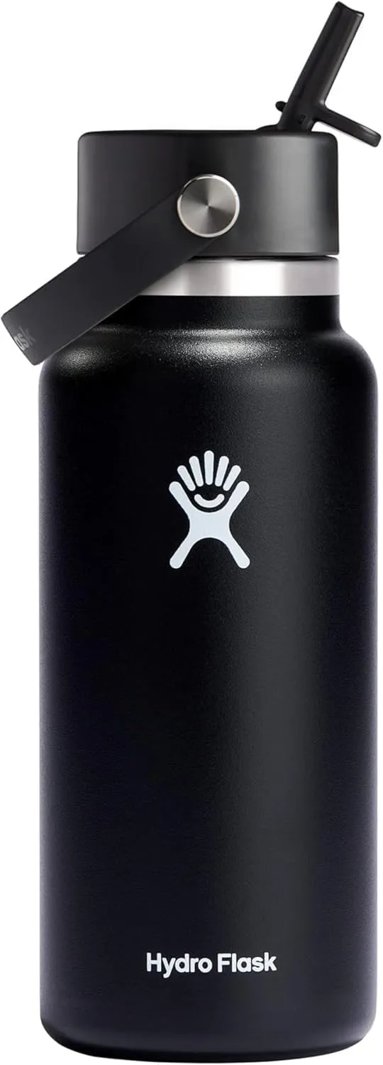 Hydro Flask Water Bottle - Insulated Stainless Steel - Wide Straw Lid, Non Spill, Leakproof in 32 Oz Black