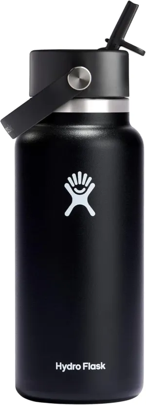 Hydro Flask Water Bottle - Insulated Stainless Steel - Wide Straw Lid, Non Spill, Leakproof in 32 Oz Black