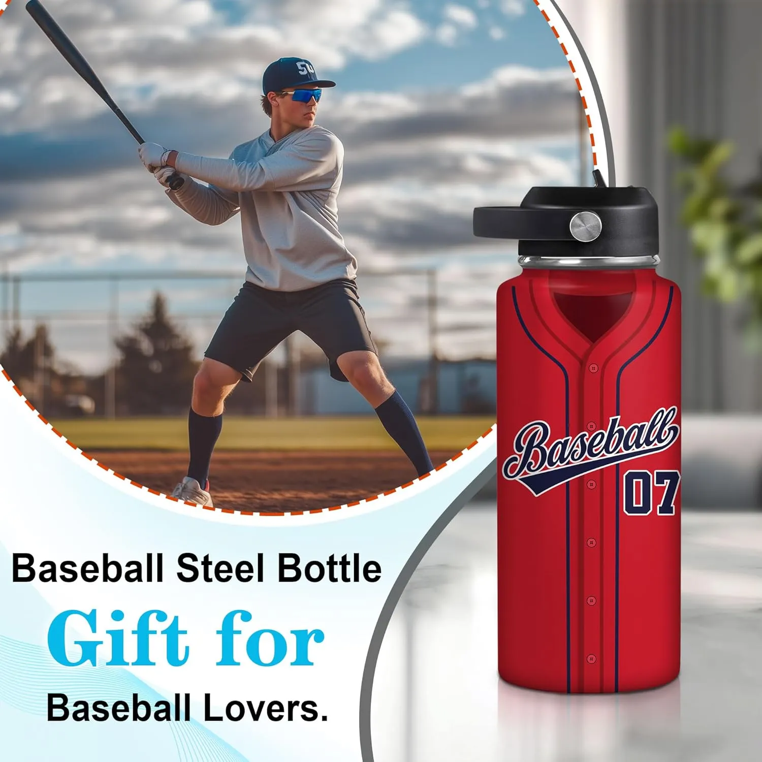 Hyturtle Personalized Baseball Water Bottle - Travel Insulated Stainless Steel Bottle with Leak-Proof Lid 18oz 32oz - Gift for Men, Boys, Baseball Lovers, Players, Coaches - Birthday & Christmas Gift