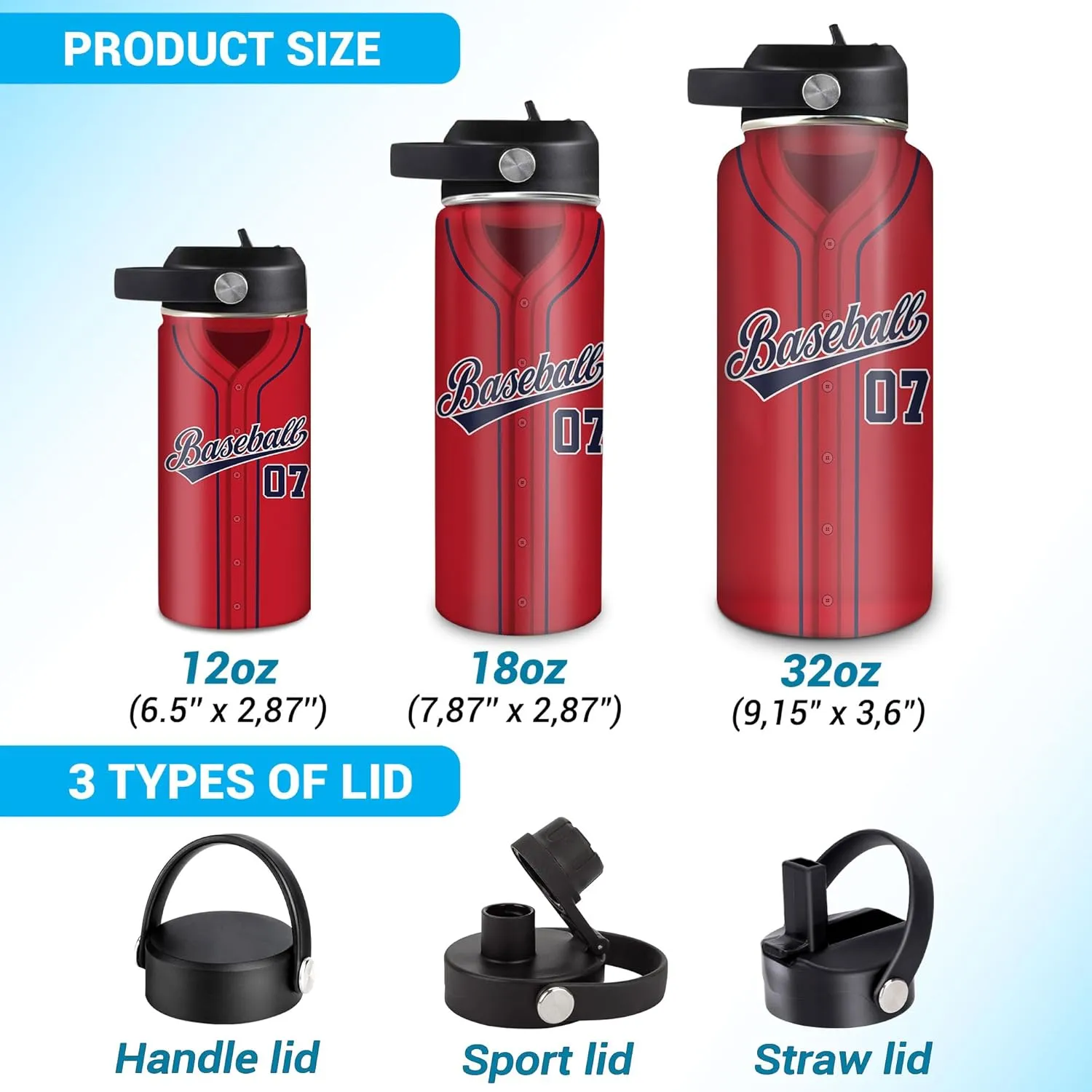 Hyturtle Personalized Baseball Water Bottle - Travel Insulated Stainless Steel Bottle with Leak-Proof Lid 18oz 32oz - Gift for Men, Boys, Baseball Lovers, Players, Coaches - Birthday & Christmas Gift