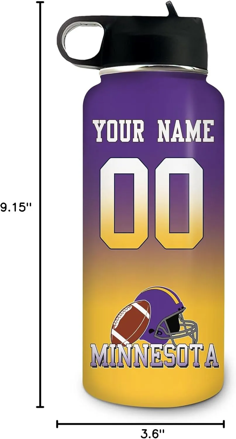 Hyturtle Personalized Football Steel Bottle – Travel Insulated Stainless Steel Sports Water Bottle with Leak-Proof Lid 18oz 32oz – Ideal Gift for Men Football Enthusiasts Players Coaches On Birthday