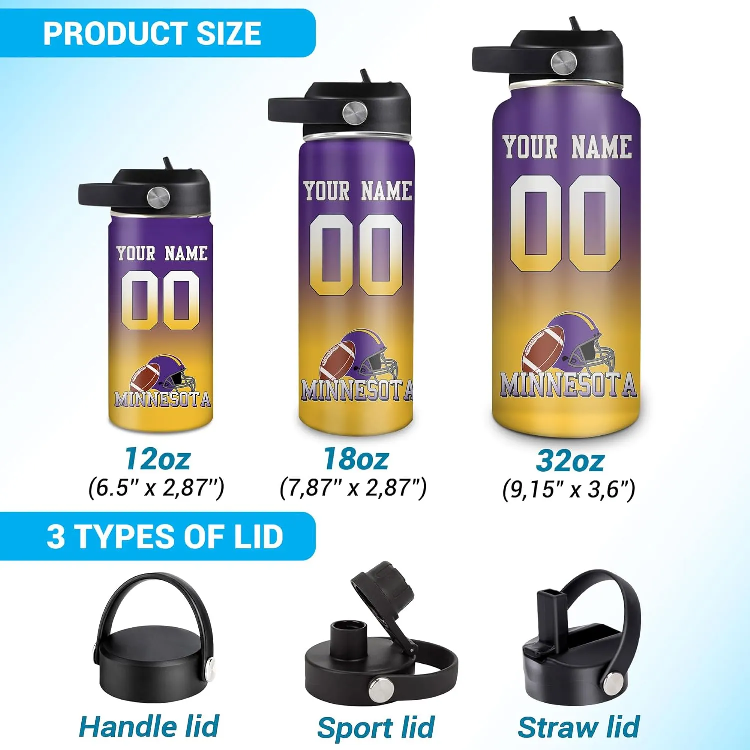 Hyturtle Personalized Football Steel Bottle – Travel Insulated Stainless Steel Sports Water Bottle with Leak-Proof Lid 18oz 32oz – Ideal Gift for Men Football Enthusiasts Players Coaches On Birthday
