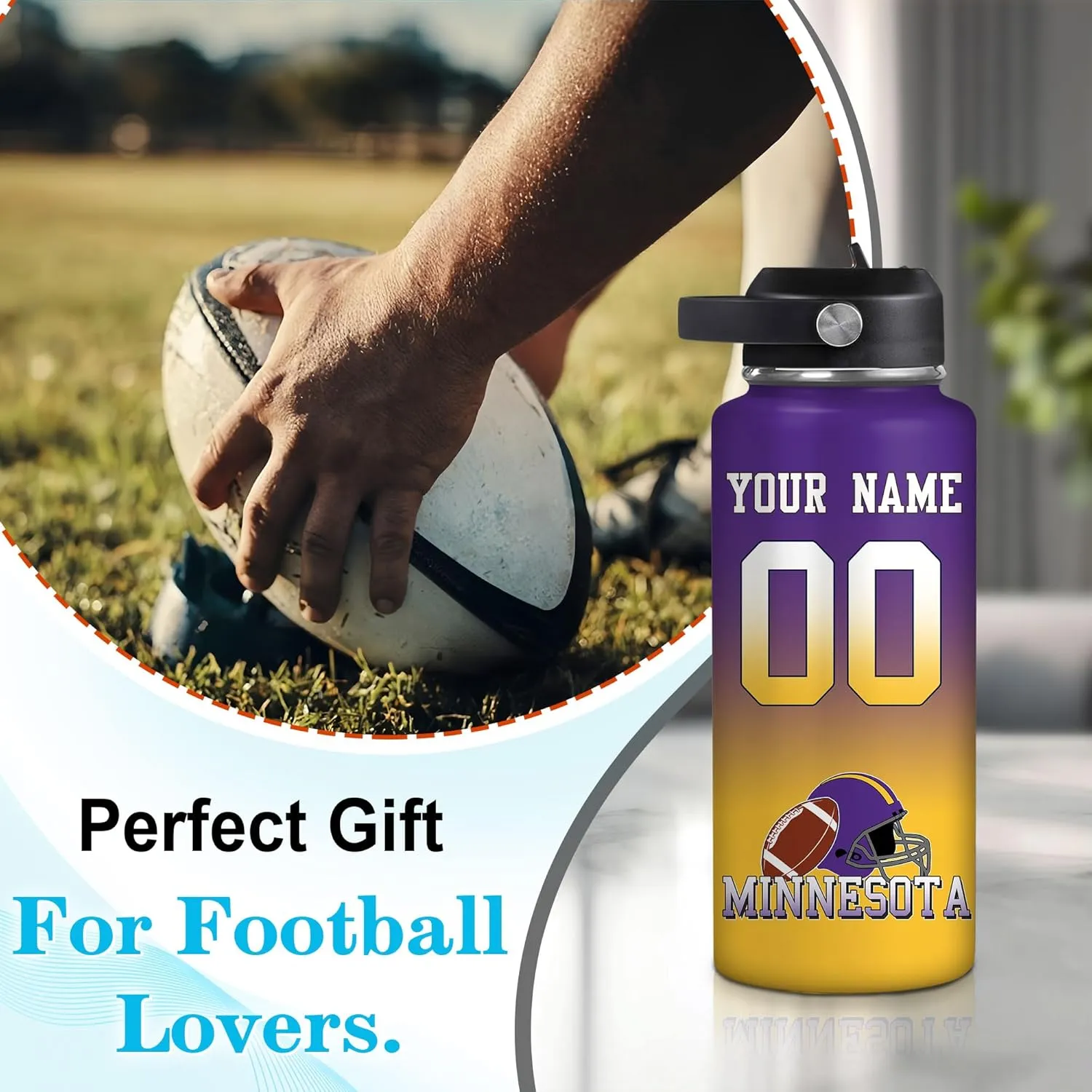 Hyturtle Personalized Football Steel Bottle – Travel Insulated Stainless Steel Sports Water Bottle with Leak-Proof Lid 18oz 32oz – Ideal Gift for Men Football Enthusiasts Players Coaches On Birthday
