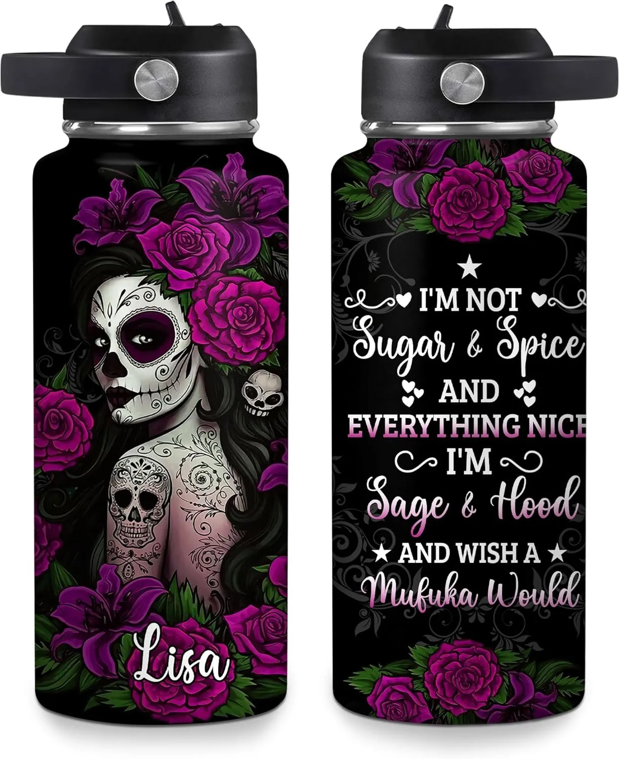 Hyturtle Personalized Sugar Skull Water Bottle - Travel Insulated Stainless Steel Bottle with Leak-Proof Lid 18oz 32oz - Gothic Style Gift for Women, Sugar Skull Lovers - Birthday & Christmas Gift