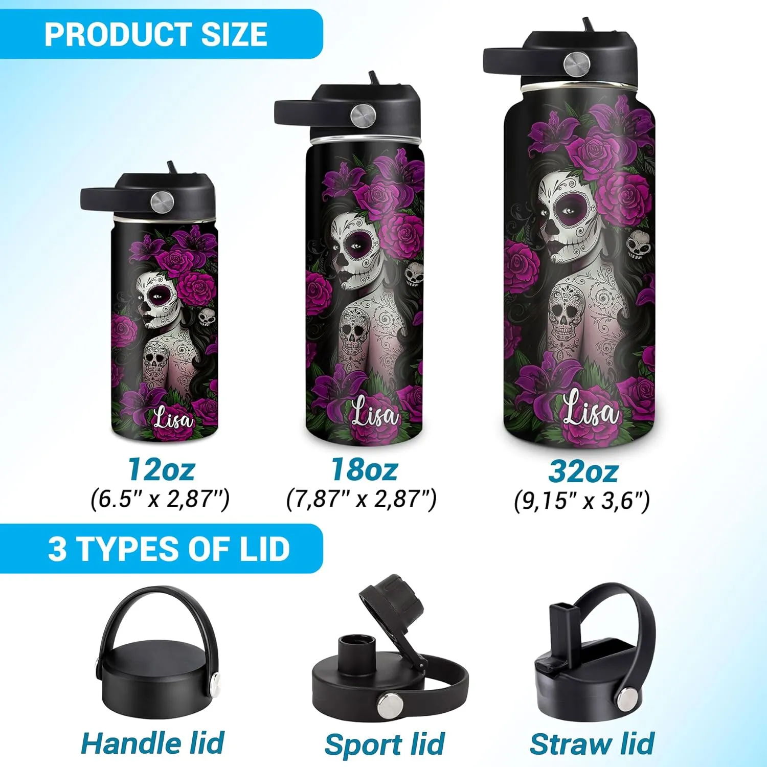 Hyturtle Personalized Sugar Skull Water Bottle - Travel Insulated Stainless Steel Bottle with Leak-Proof Lid 18oz 32oz - Gothic Style Gift for Women, Sugar Skull Lovers - Birthday & Christmas Gift