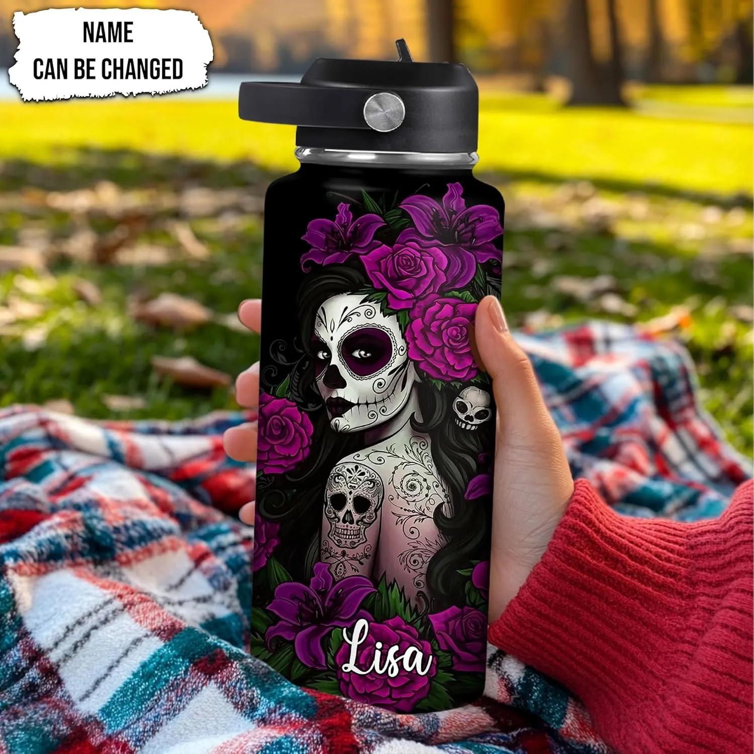 Hyturtle Personalized Sugar Skull Water Bottle - Travel Insulated Stainless Steel Bottle with Leak-Proof Lid 18oz 32oz - Gothic Style Gift for Women, Sugar Skull Lovers - Birthday & Christmas Gift