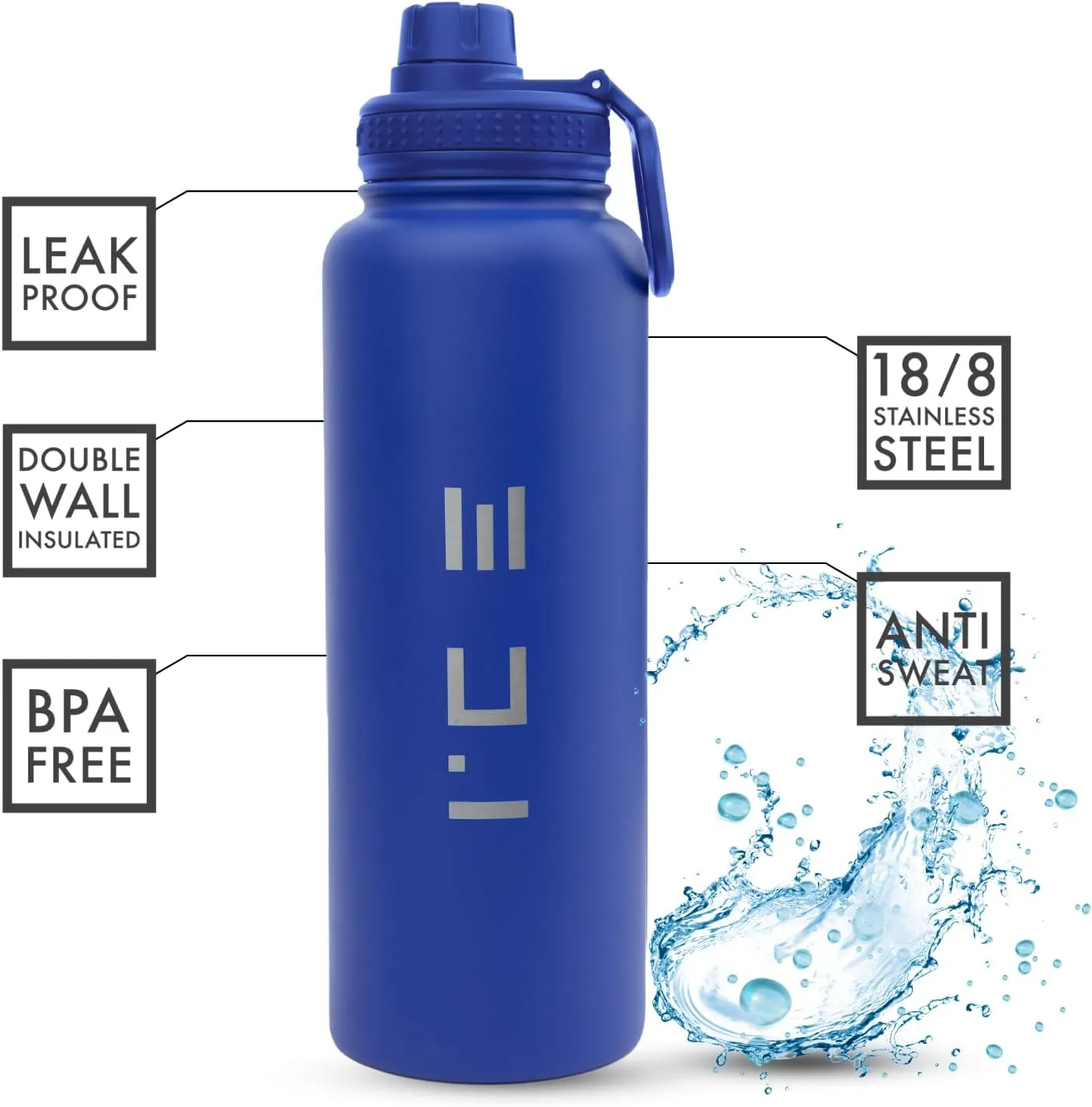 ICE Sports Water Bottle - Includes 3 Lids (1 Straw Lid) & 2 Straws - Leak proof Stainless Steel Gym & Sport Bottles for Men, Women & Kids - Double Walled, Insulated Thermos (Blue, 40 oz)