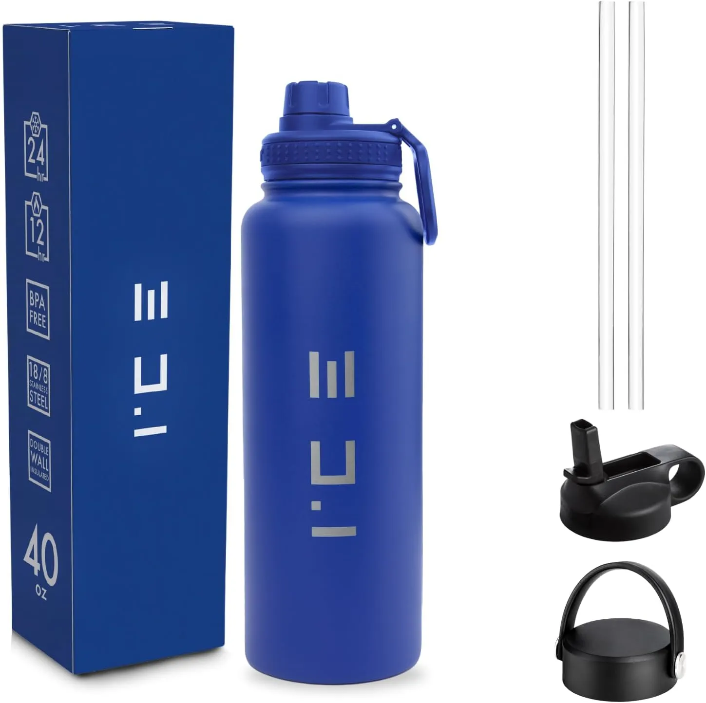 ICE Sports Water Bottle - Includes 3 Lids (1 Straw Lid) & 2 Straws - Leak proof Stainless Steel Gym & Sport Bottles for Men, Women & Kids - Double Walled, Insulated Thermos (Blue, 40 oz)