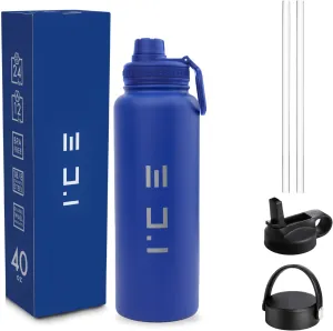 ICE Sports Water Bottle - Includes 3 Lids (1 Straw Lid) & 2 Straws - Leak proof Stainless Steel Gym & Sport Bottles for Men, Women & Kids - Double Walled, Insulated Thermos (Blue, 40 oz)