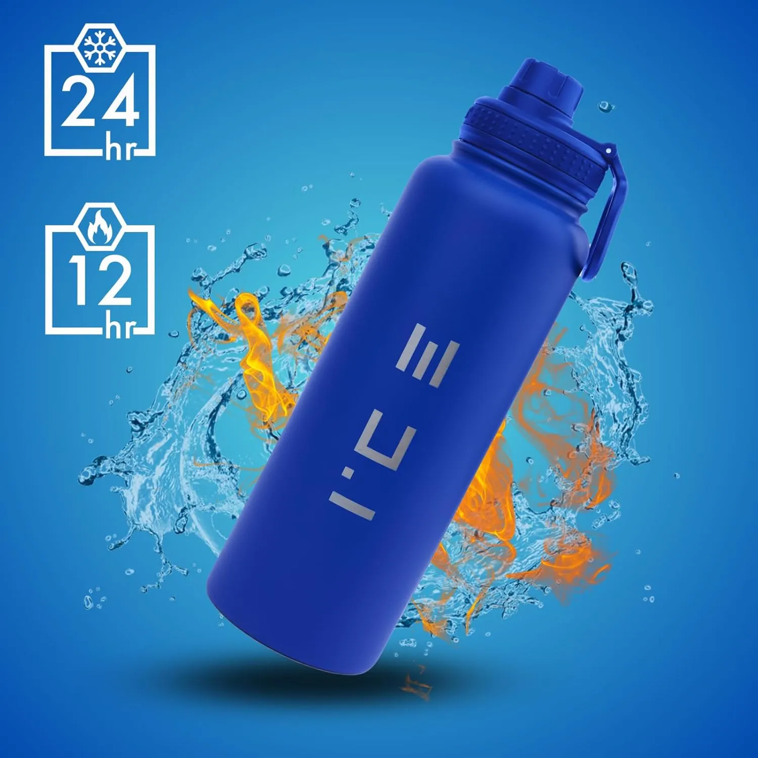 ICE Sports Water Bottle - Includes 3 Lids (1 Straw Lid) & 2 Straws - Leak proof Stainless Steel Gym & Sport Bottles for Men, Women & Kids - Double Walled, Insulated Thermos (Blue, 40 oz)
