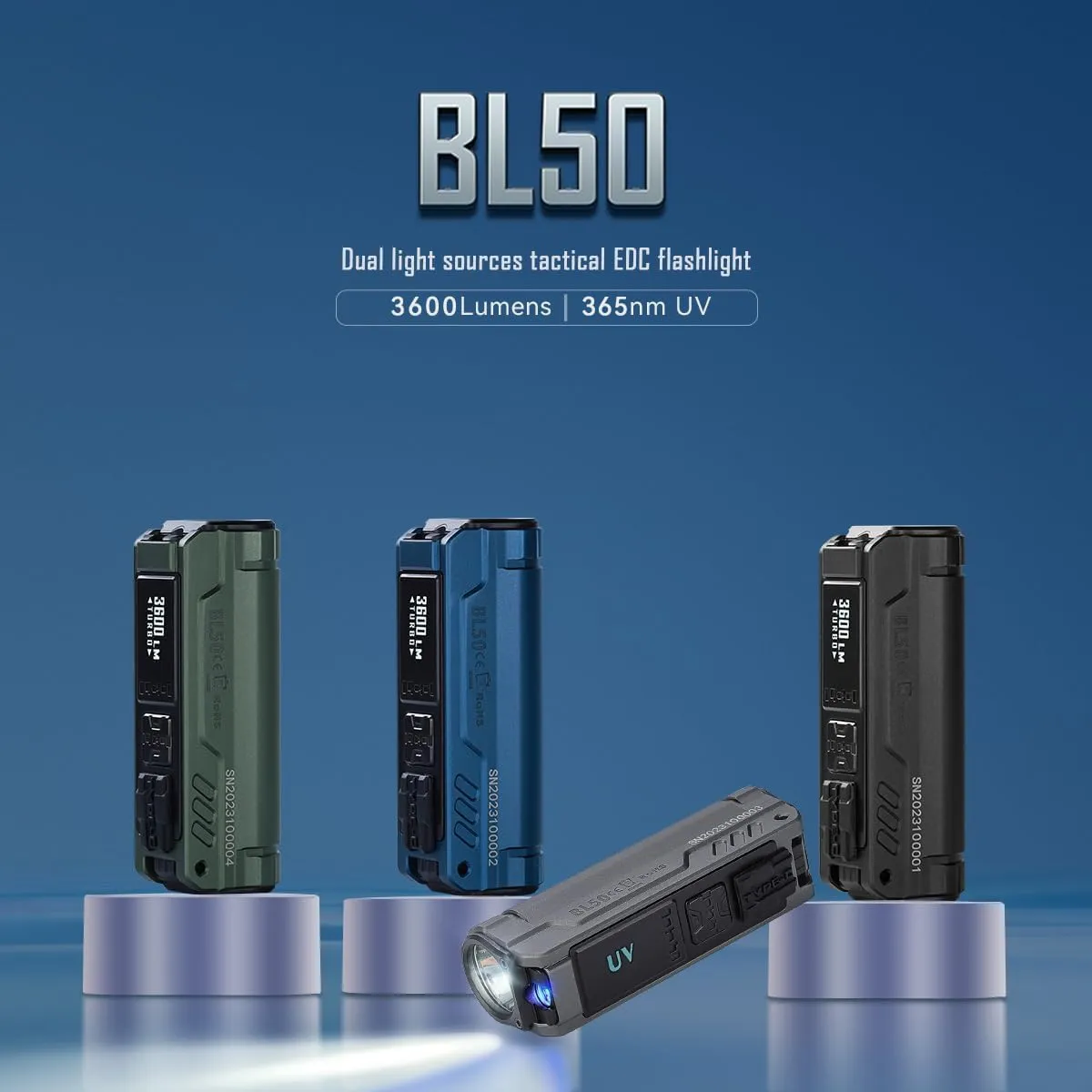 IMALENT BL50 Rechargeable EDC Flashlight 3600 Lumens, UV Light and White LED, High Lumens Portable Flashlights Dual Light Source Pocket Lights for Emergency and Camping (Blue)