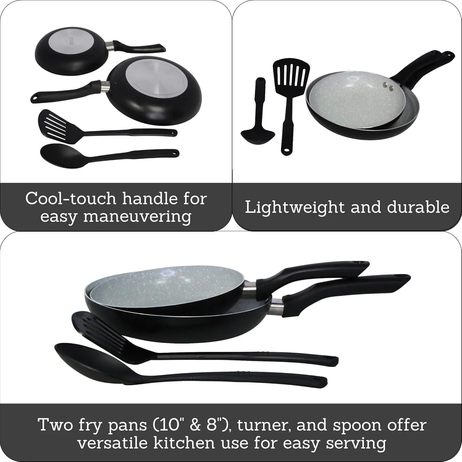 IMUSA Nonstick Ceramic Cookware Set 4-Piece 8in/10in, with Stay-Cool Handles, Aluminum, Black
