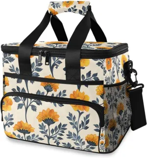 Indigo Marigold Flowers Beige Cooler Bag Insulated Cooler Soft Sided Cooler 24 Can Portable Picnic Bag Large Leakproof Lunch Bag Box for Beach Grocery Camping Travel Car Men Women