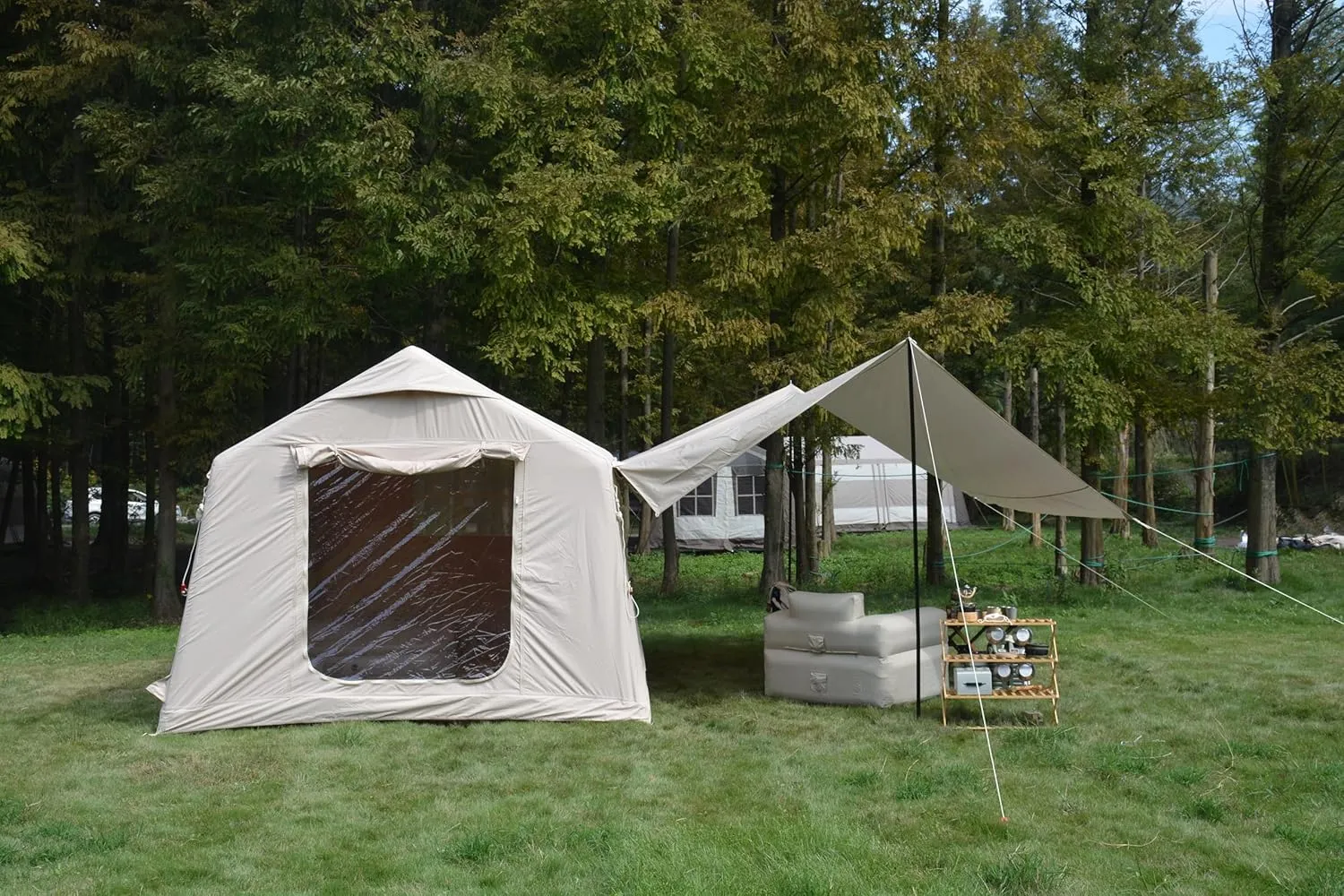 Inflatable Tent for Camping, 7-8 Person Blow Up Tent for Camping with Stove Jack, Hand Pump, Mesh Windows, Waterproof Cloth, Easy Setup, 4-Season Use