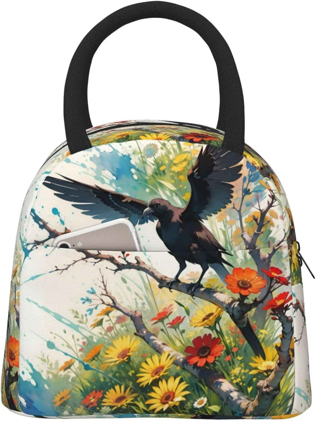 Insulated Lunch Bag for Men Women, Reusable Large Capacity Lunch Box, Leakproof Thermal Meal Cooler Shopping Grocery Tote Bag Handbags for Office Work Picnic, Crow Sunflowers Branch