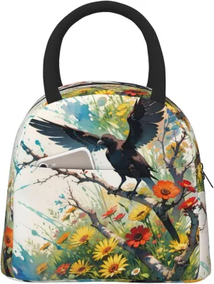 Insulated Lunch Bag for Men Women, Reusable Large Capacity Lunch Box, Leakproof Thermal Meal Cooler Shopping Grocery Tote Bag Handbags for Office Work Picnic, Crow Sunflowers Branch