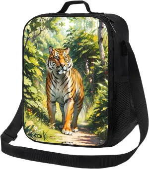 Insulated Lunch Bag with Shoulder Strap, Reusable Lunch Box with Handle, Leakproof Thermal Meal Cooler Travel Tote Shoulder Bag Handbags for Office Work Picnic, Tiger Walking Jungle