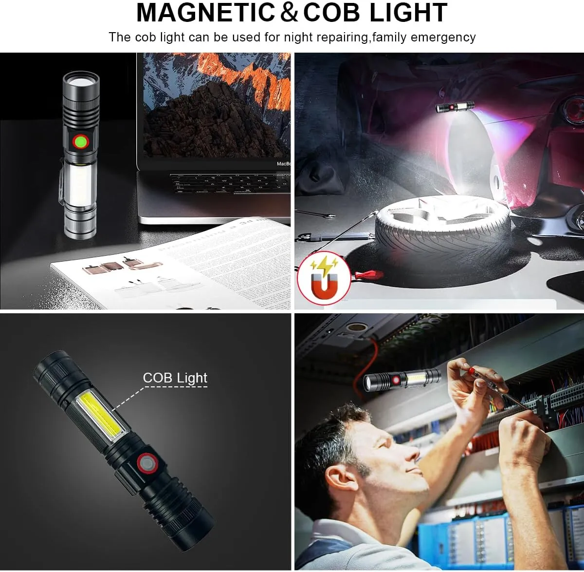 iToncs LED Flashlight Rechargeable, High Lumens Super Bright Magnetic Flashlight with COB Work Light, Waterproof, 4 Modes, Pocket Tactical Flashlights 2 Packs Tactical Flashlights with Bag