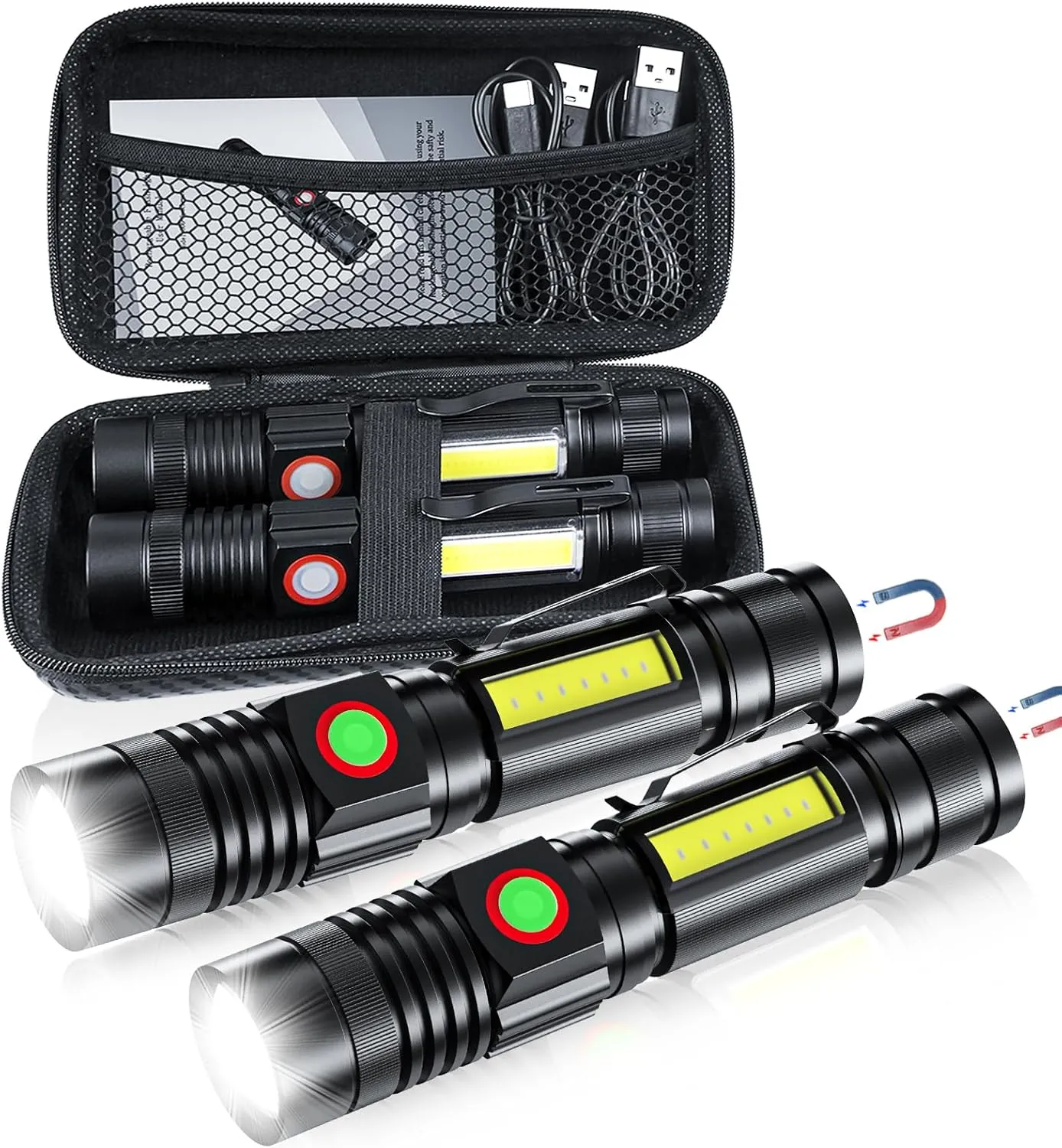 iToncs LED Flashlight Rechargeable, High Lumens Super Bright Magnetic Flashlight with COB Work Light, Waterproof, 4 Modes, Pocket Tactical Flashlights 2 Packs Tactical Flashlights with Bag