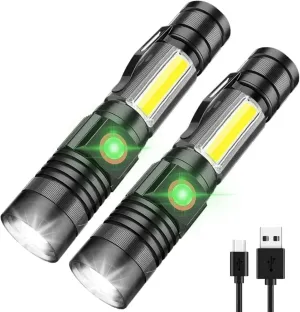 iToncs LED Rechargeable, Super Bright Magnetic Flashlight with COB Work Light, Waterproof, 4 Modes, Pocket Tactical Flashlights for Outdoor Camping Emergency 2 Packs