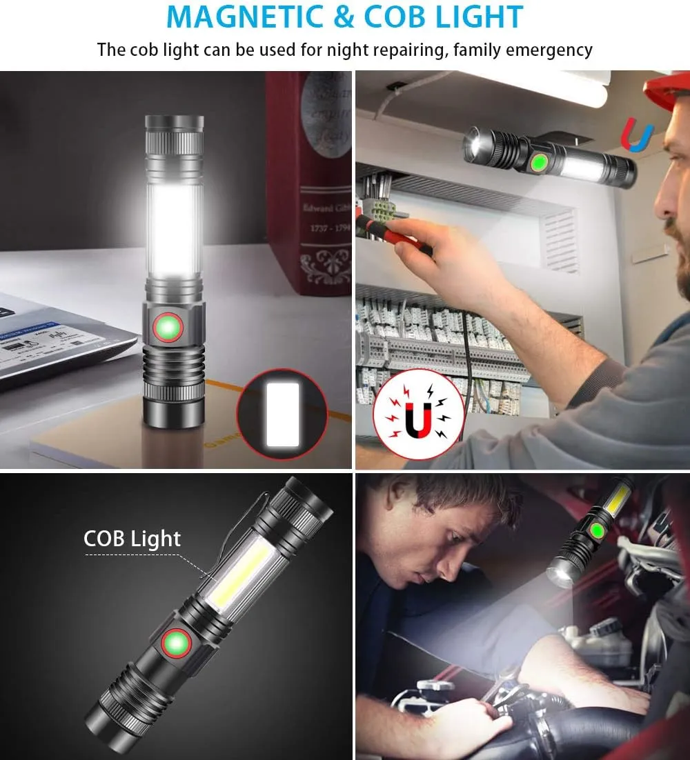 iToncs LED Rechargeable, Super Bright Magnetic Flashlight with COB Work Light, Waterproof, 4 Modes, Pocket Tactical Flashlights for Outdoor Camping Emergency 2 Packs