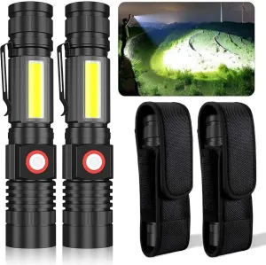 iToncs USB Rechargeable Flashlight, High Lumens Super Bright Magnetic Flashlight with COB Work Light, Waterproof, 4 Modes, Pocket Tactical Flashlights 2 Packs Tactical Flashlights with Holsters