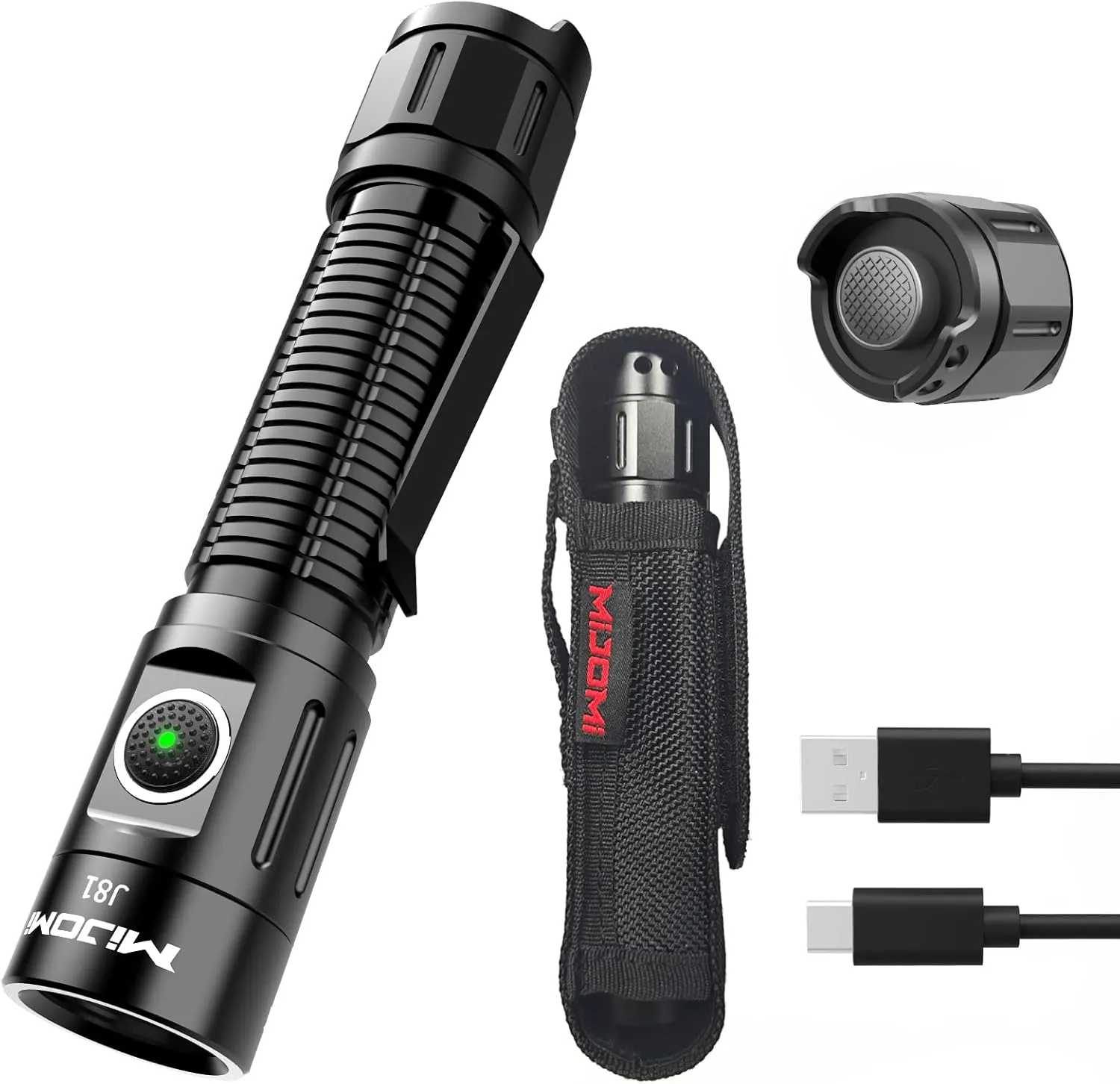 J81 Tactical Flashlight with Holster Rechargeable, 1300 Lumen Super Bright IP68 Waterproof Dual Button Flashlight for Tactical Games Outdoor