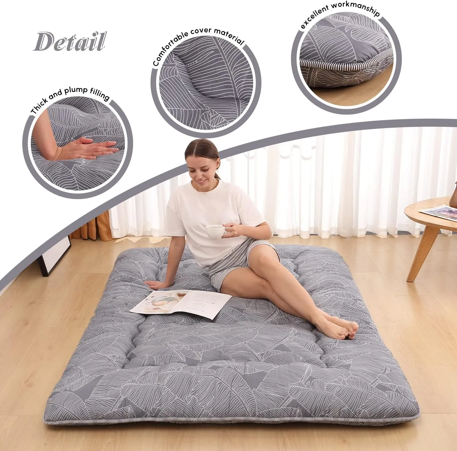 Japanese Floor Mattress, Japanese Futon Mattress Tatami Mat with Washable Cover, Easy to Store and Portable for Camping,(Grey Feather,Full)