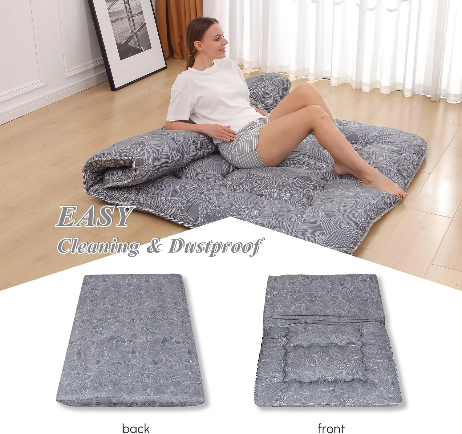 Japanese Floor Mattress, Japanese Futon Mattress Tatami Mat with Washable Cover, Easy to Store and Portable for Camping,(Grey Feather,Full)