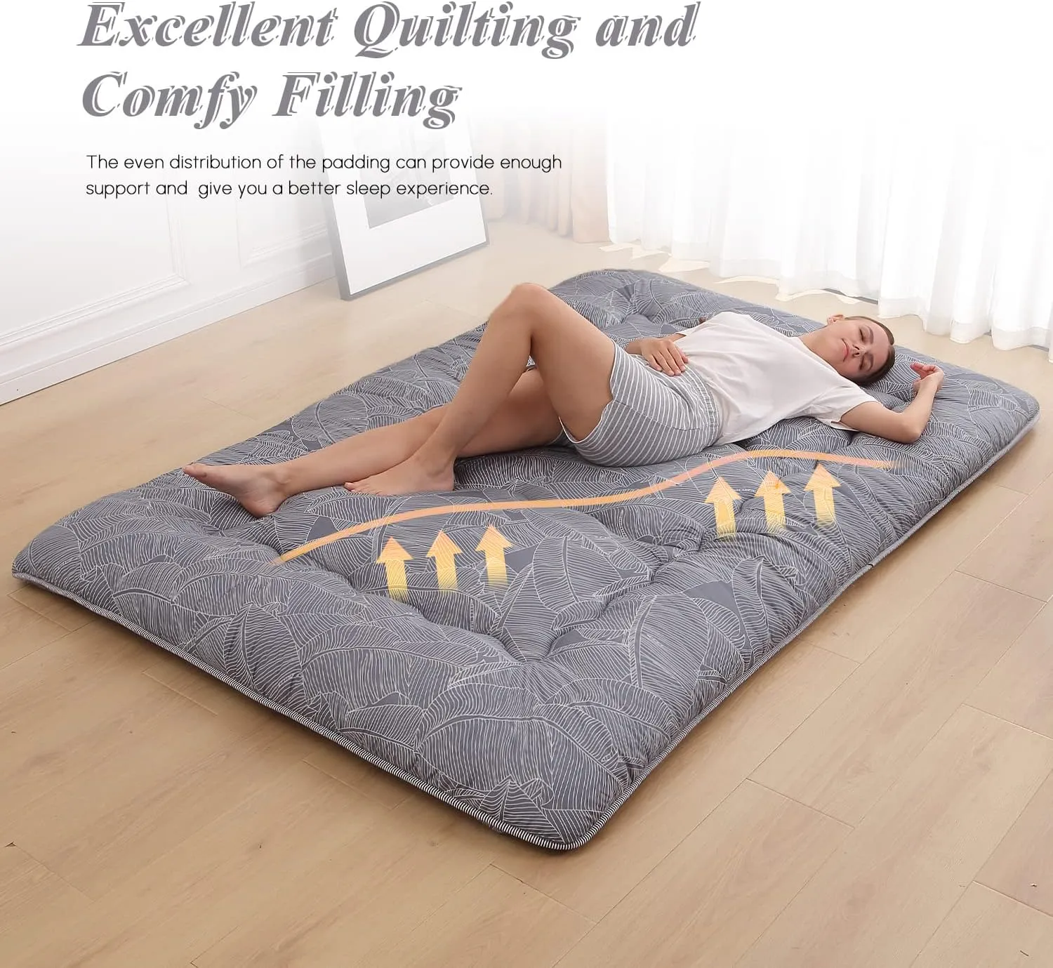 Japanese Floor Mattress, Japanese Futon Mattress Tatami Mat with Washable Cover, Easy to Store and Portable for Camping,(Grey Feather,Full)