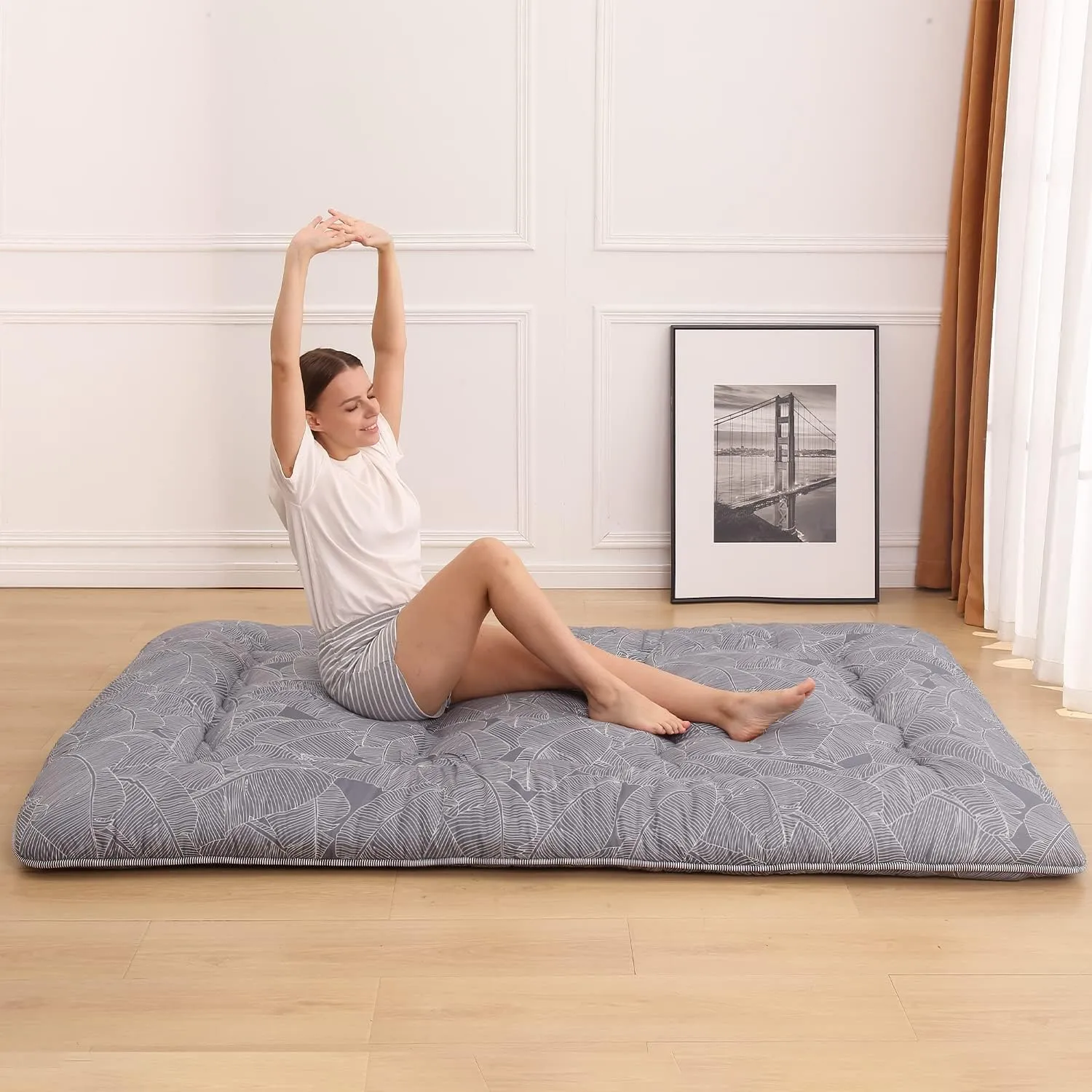 Japanese Floor Mattress, Japanese Futon Mattress Tatami Mat with Washable Cover, Easy to Store and Portable for Camping,(Grey Feather,Full)