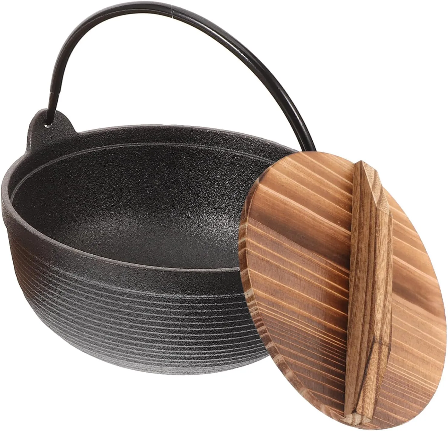 Japanese Style Iron Cooking Pot Non Stick Soup Pot with Wooden Lid for Camping Picnics Outdoor Cooking Durable Cast Iron Design Hanging Handle for Convenience
