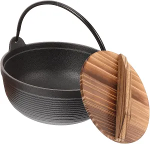 Japanese Style Iron Cooking Pot Non Stick Soup Pot with Wooden Lid for Camping Picnics Outdoor Cooking Durable Cast Iron Design Hanging Handle for Convenience