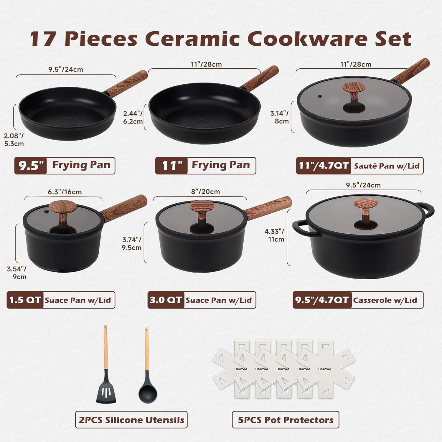 JEETEE Ceramic Cookware Sets 17 pcs, Healthy Pots and Pans Set Non Stick, Induction Kitchen Cooking Set with Removable Handles, Stackable Pots Pans, Oven Safe, PFOA/PFOS Free, Black
