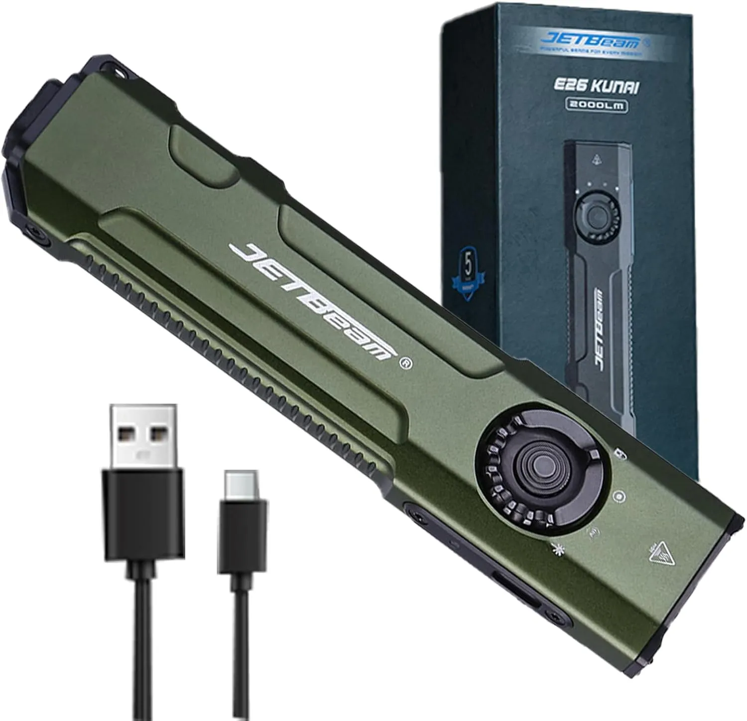JETBeam E26 2000 Lumens Rechargeable Compact Pocket Light Combines White Light,1300 mW UV Flashlight,and Green Beam,Triple Light Sources Perfect for Checking,Working(with Battery)