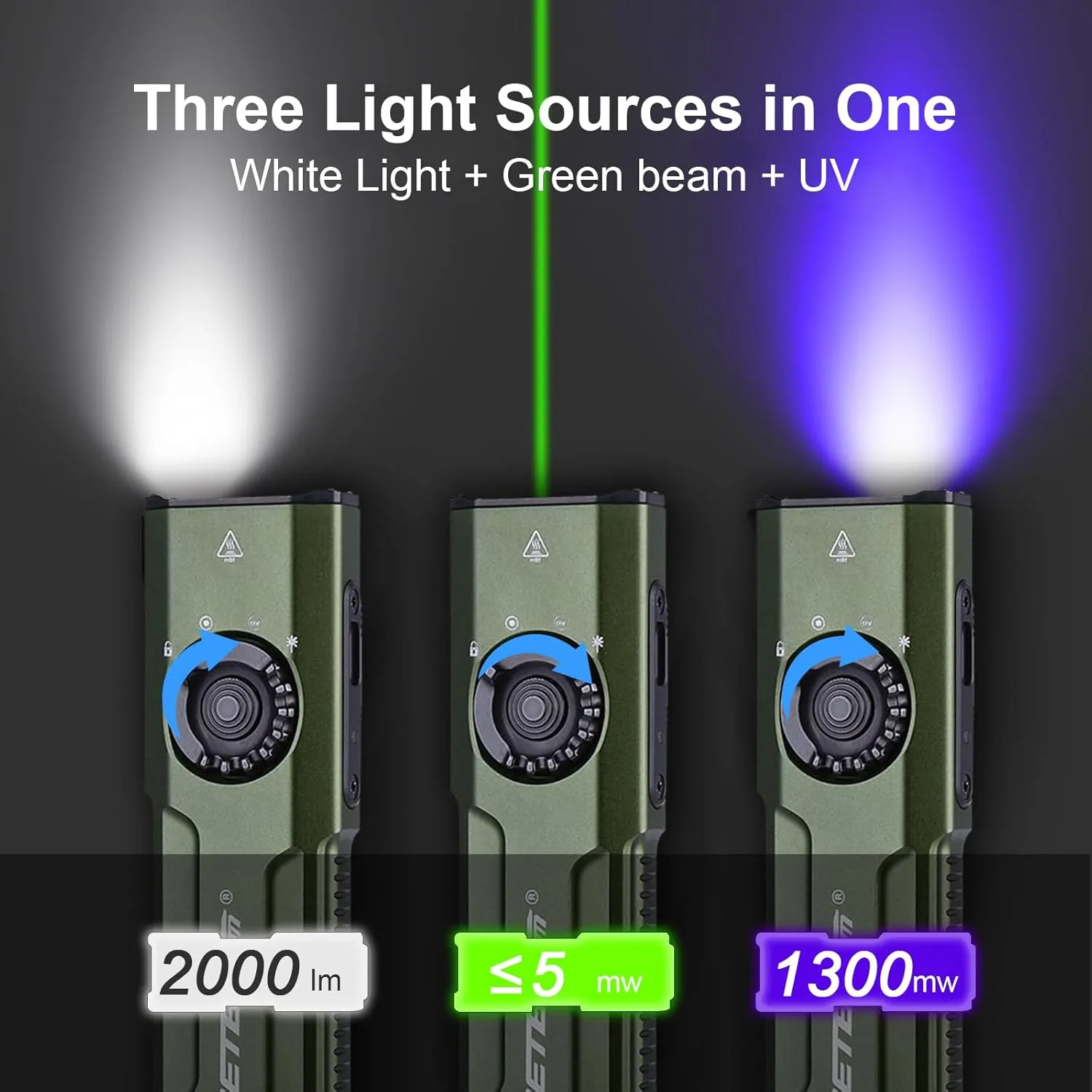JETBeam E26 2000 Lumens Rechargeable Compact Pocket Light Combines White Light,1300 mW UV Flashlight,and Green Beam,Triple Light Sources Perfect for Checking,Working(with Battery)