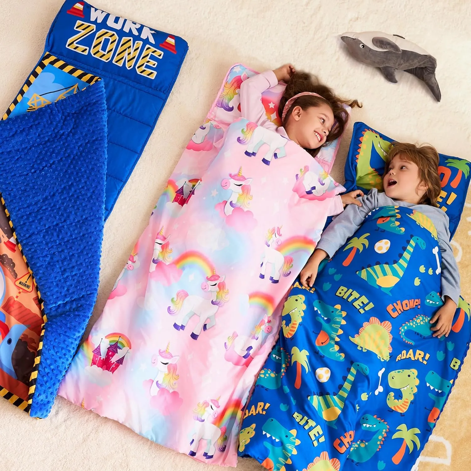 JOIEDOMI Toddler Nap Mat with Pillow & Blanket 55''*30'' for Kids Ages 3-7 Years Roll Up Nap Mat for Preschool Soft Kids Sleeping Bag for Boys Girls Kindergarten Daycare Sleepover