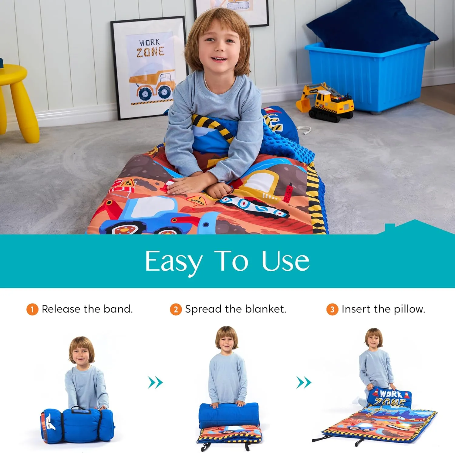 JOIEDOMI Toddler Nap Mat with Pillow & Blanket 55''*30'' for Kids Ages 3-7 Years Roll Up Nap Mat for Preschool Soft Kids Sleeping Bag for Boys Girls Kindergarten Daycare Sleepover