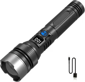 Juyafio Powerful Flashlight 150000 Lumens, USB Rechargeable Waterproof, The Ultimate Survival Flashlight, Super Powerful Brightest Led Flashlight, Zoomable for Hiking (1, Black, 6.6in*1.1in*1.57in)