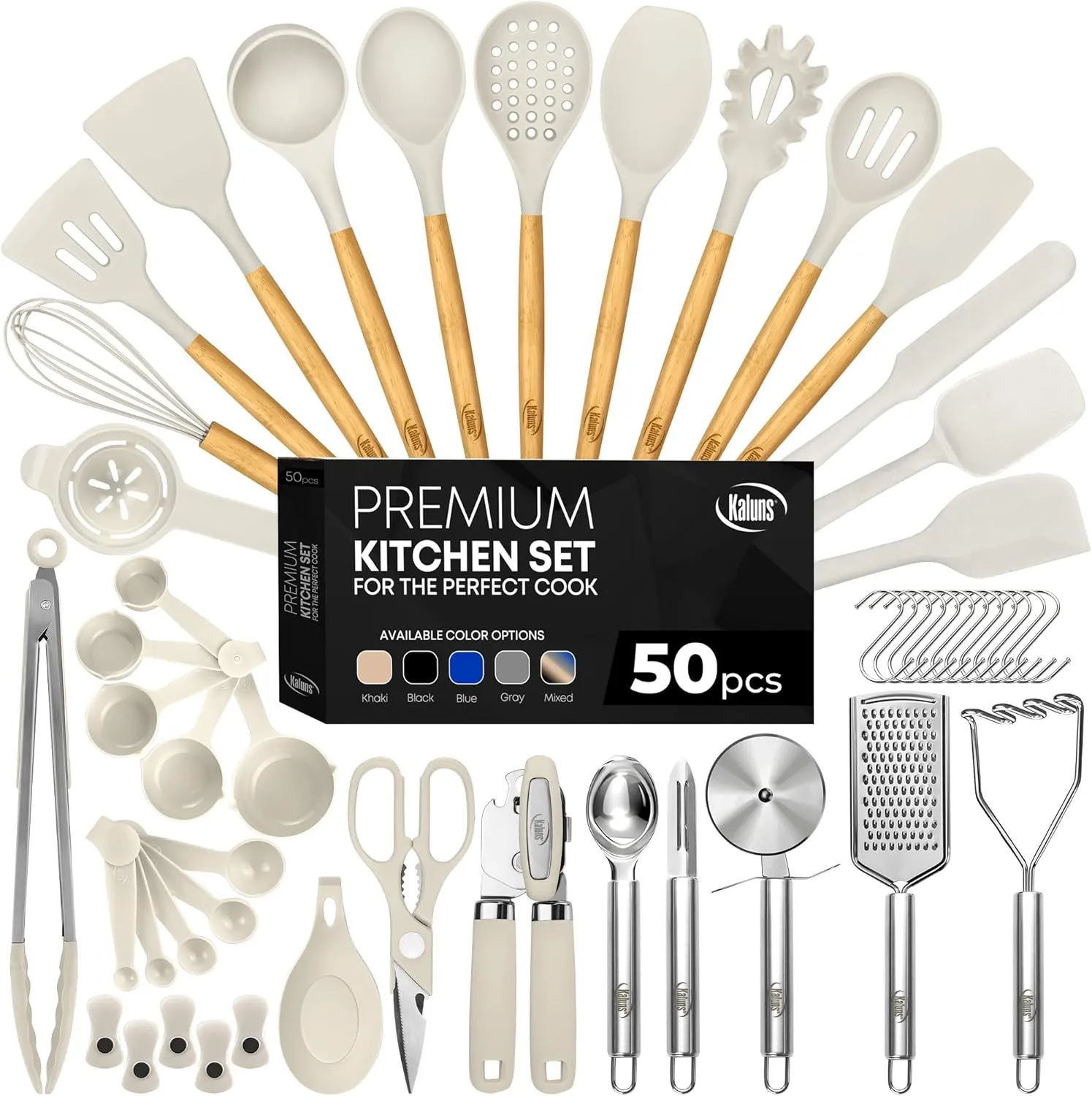 Kaluns 50 PCS Silicone Kitchen Utensils Set Complete Kitchen Set - 800°F Heat Resistant Non-Stick Premium Cooking Utensils W Wooden Handles - Can Opener, Masher, Turner, Silicone Spatula Set