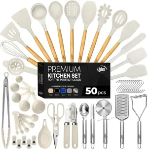 Kaluns 50 PCS Silicone Kitchen Utensils Set Complete Kitchen Set - 800°F Heat Resistant Non-Stick Premium Cooking Utensils W Wooden Handles - Can Opener, Masher, Turner, Silicone Spatula Set