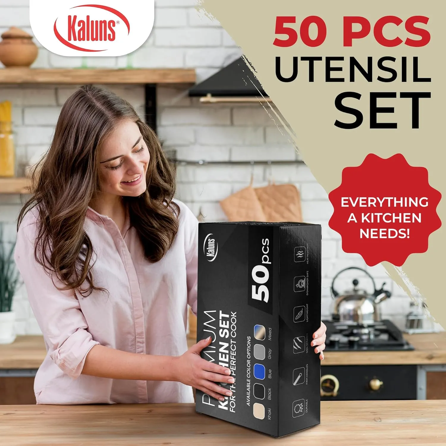 Kaluns 50 PCS Silicone Kitchen Utensils Set Complete Kitchen Set - 800°F Heat Resistant Non-Stick Premium Cooking Utensils W Wooden Handles - Can Opener, Masher, Turner, Silicone Spatula Set