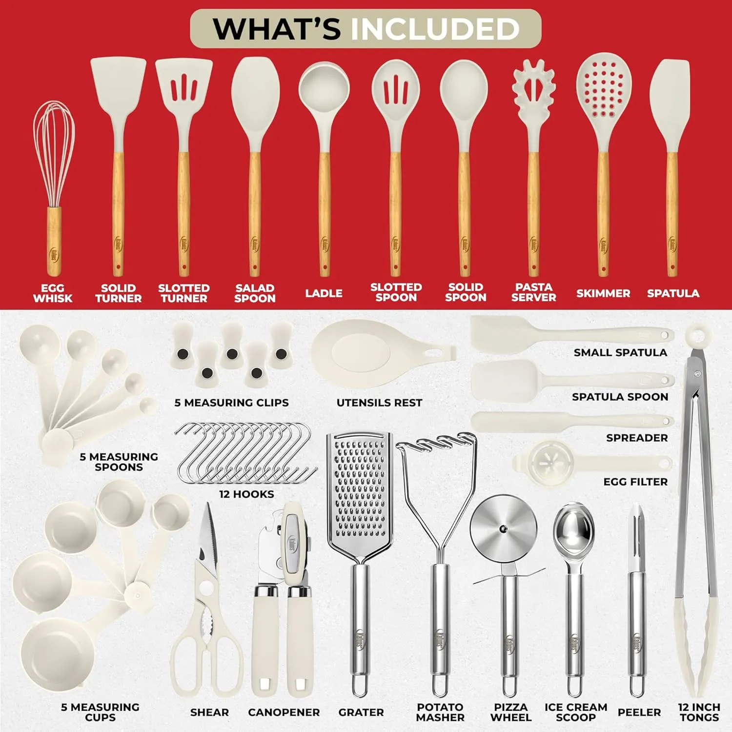 Kaluns 50 PCS Silicone Kitchen Utensils Set Complete Kitchen Set - 800°F Heat Resistant Non-Stick Premium Cooking Utensils W Wooden Handles - Can Opener, Masher, Turner, Silicone Spatula Set