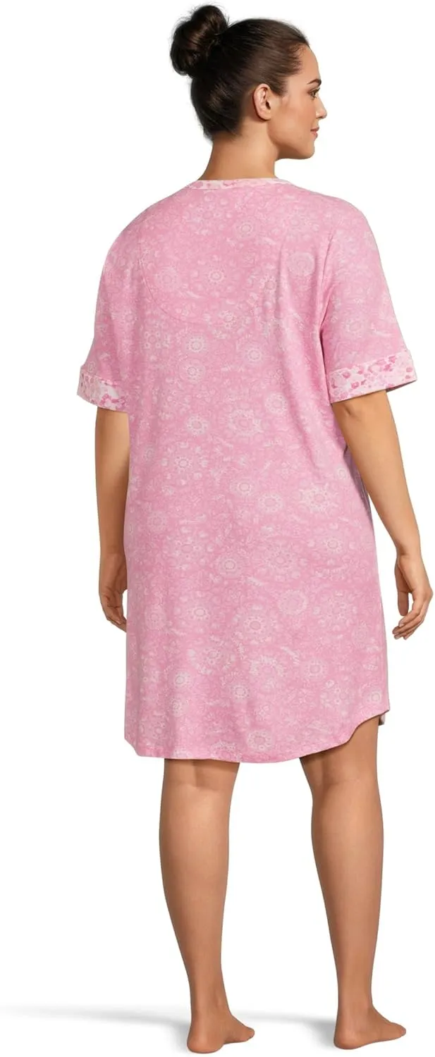 Karen Neuburger Women's Plus Size Tuscan Sun Elbow Sleeve Henley Sleepshirt with Twin Print